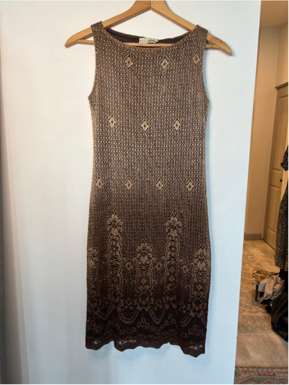 Vintage Double Fault Crochet Knit Midi Dress Boho Beach Cover Up Brown Small